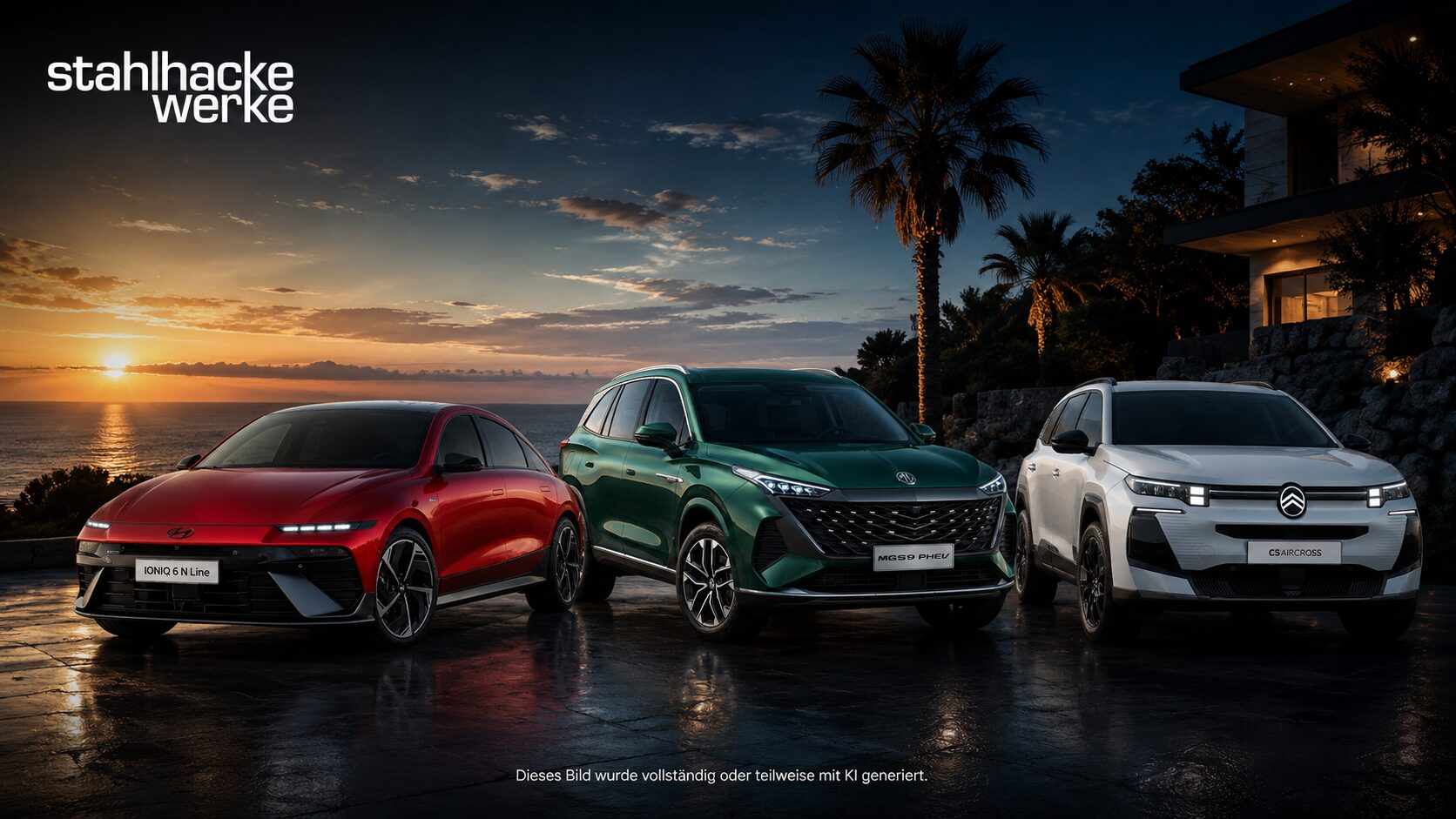 Fahrzeuge von Hyundai, MG und Citroën bei Sonnenuntergang